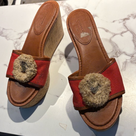 Coach Shoes - Coach Red Canvas Wedge Slide Sandals with Tan Leather Trim size 8?